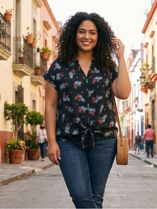 Wild Jasmine Tops - Black Floral Tie Front Blouse